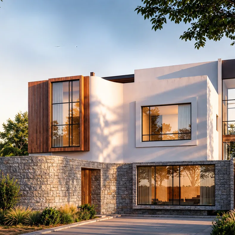 Modern stone and timber home built with INUUA